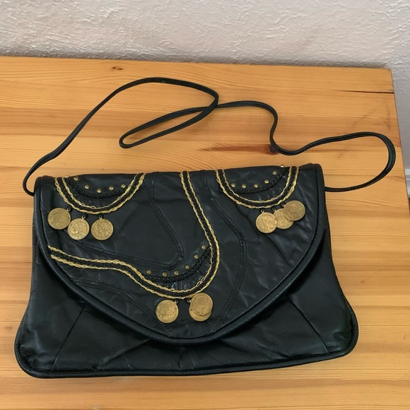 Vintage black leather clutch or crossbody purse with french coins - Picture 3 of 9